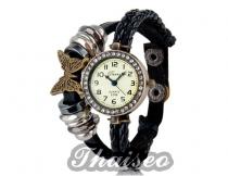Analog Damen Armbanduhr mit Kristall Dekoration und Lederarmband schwarz